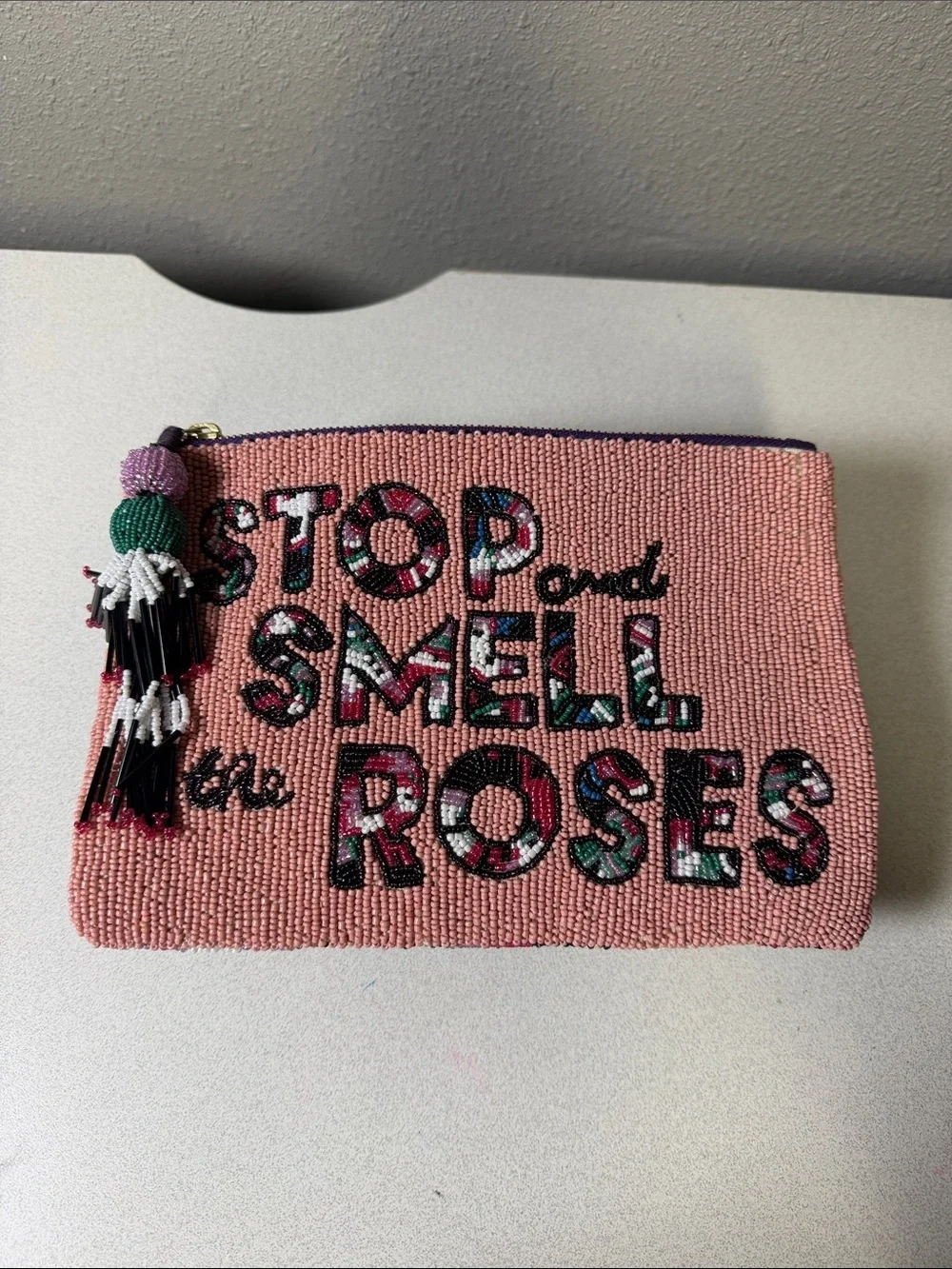 Anthropologie Pink Beaded 'Stop and Smell the Roses' Zip Pouch